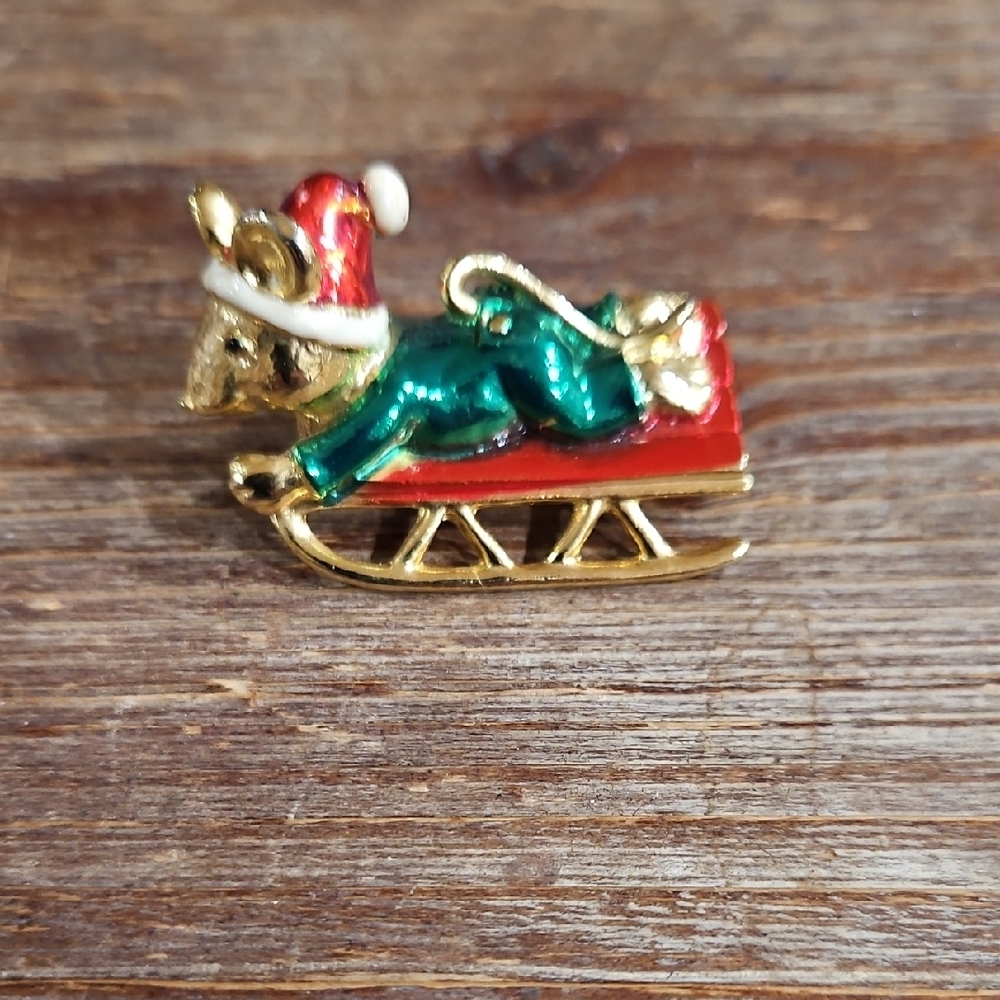 A.J.C. Vintage Christmas Mouse on Sleigh Brooch